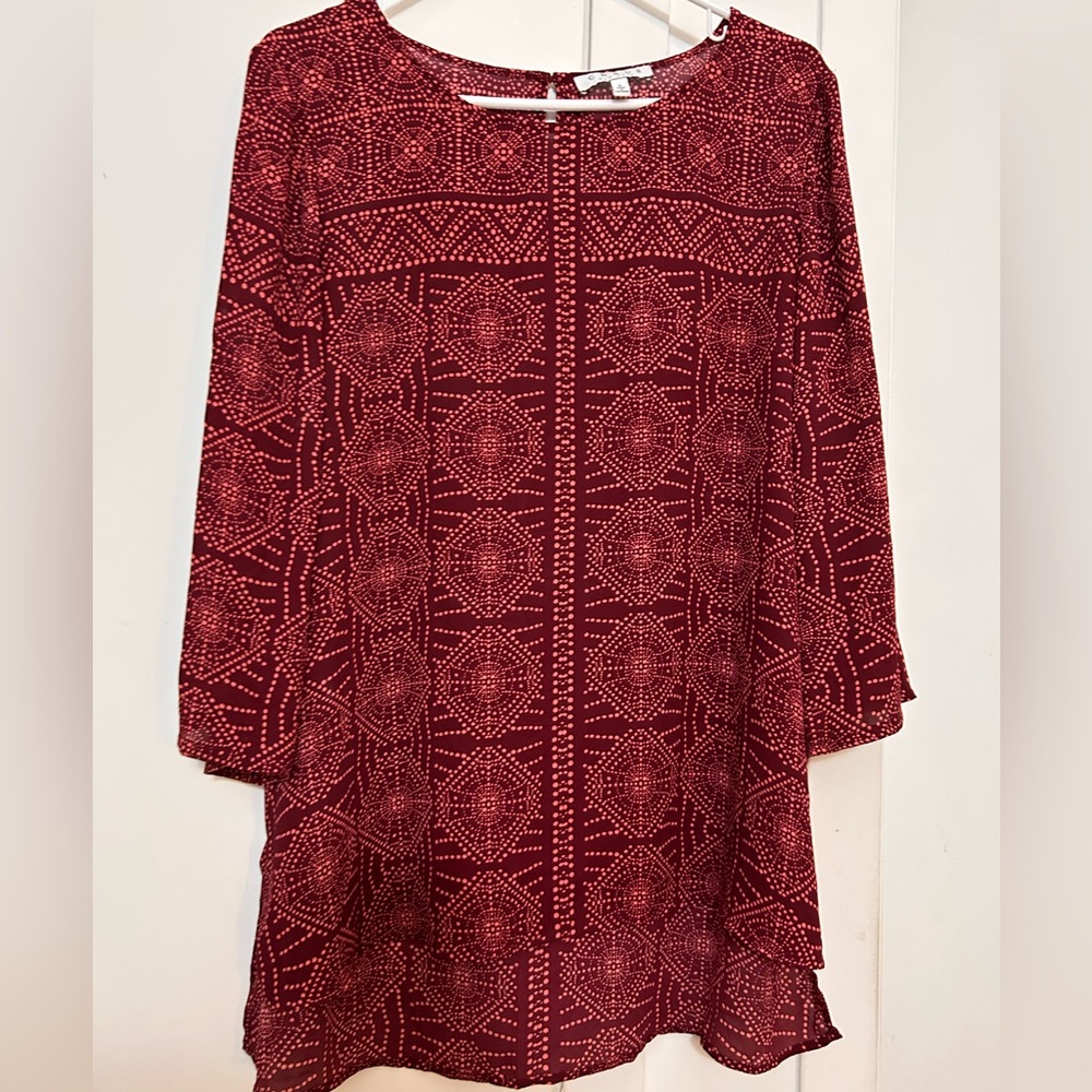 Chaus Red and Pink Patterned Blouse flowy top L